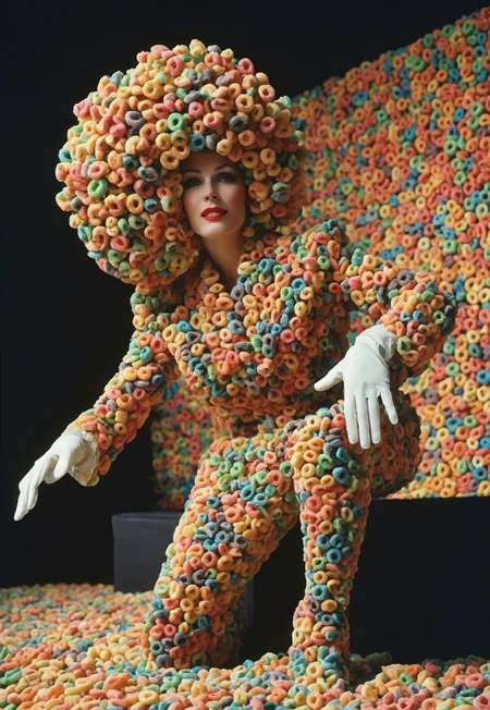 Photograph of a blonde woman on stage wearing a suit made of fruit loops, 1950s, black and white, big hair,