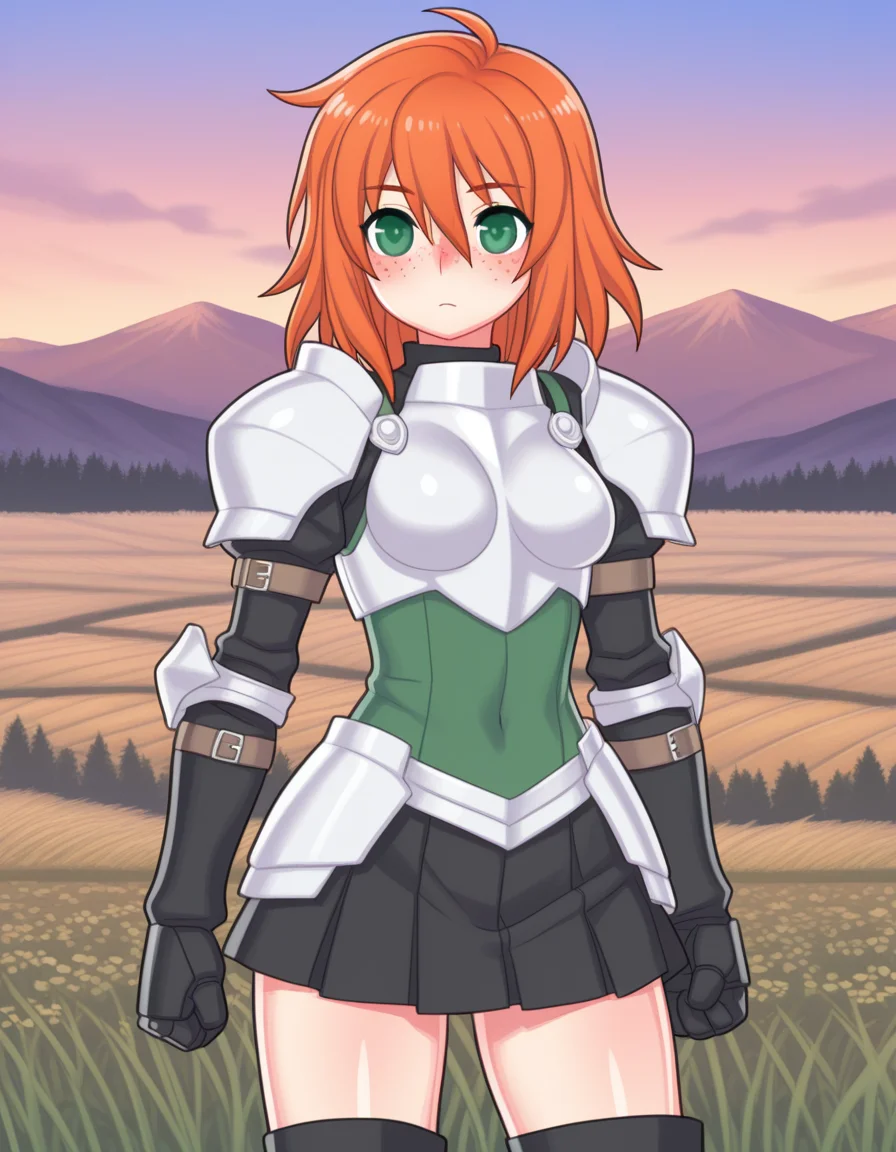 (poma), <lora:1_illu_poma_7e:1>, 1girl, armor, skirt, freckles, orange hair, medium hair, green eyes, field, mountains, (masterpiece, best quality, amazing quality),