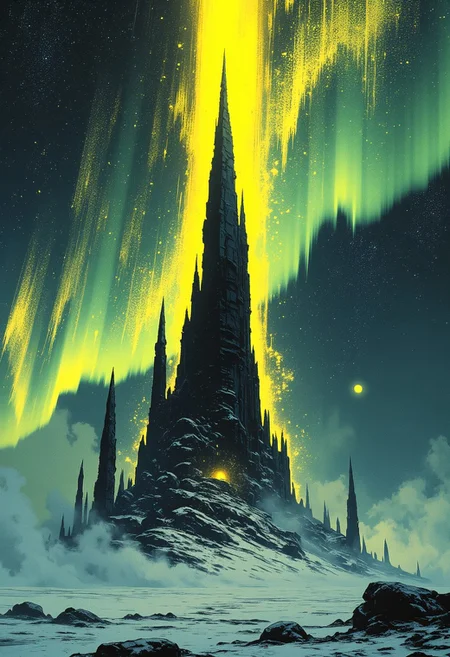 mythp0rt, ArsMJStyle, A surreal and atmospheric fantasy landscape featuring a towering, jagged black spire that pierces the heavens, emitting a radiant golden beam of light at its peak. The spire stands amidst a desolate, frozen wasteland shrouded in low-lying mist, with smaller rocky outcroppings scattered around. The vast sky above is filled with shimmering auroras in hues of gold and green, weaving across a starry night. A distant moon hangs low on the horizon, adding a sense of vastness and mystique. The camera angle is low and wide, emphasizing the immense scale of the spire and its celestial beacon. The scene is illuminated by soft, cold light from the icy ground, contrasting with the warm glow of the auroras and the beam of light. illuminating the scene.