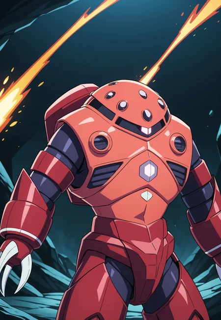 score_9, score_8_up, score_7_up, source_anime, cowboy shot, side view, BREAK, ( zgok, red_zgok_armor, pink monoeye, looking to the side, arms by sides, ballast tanks on back, ) 1mech, mech focus, solo, BREAK, explosion in background, cave, dark background, rocky terrain, low light,