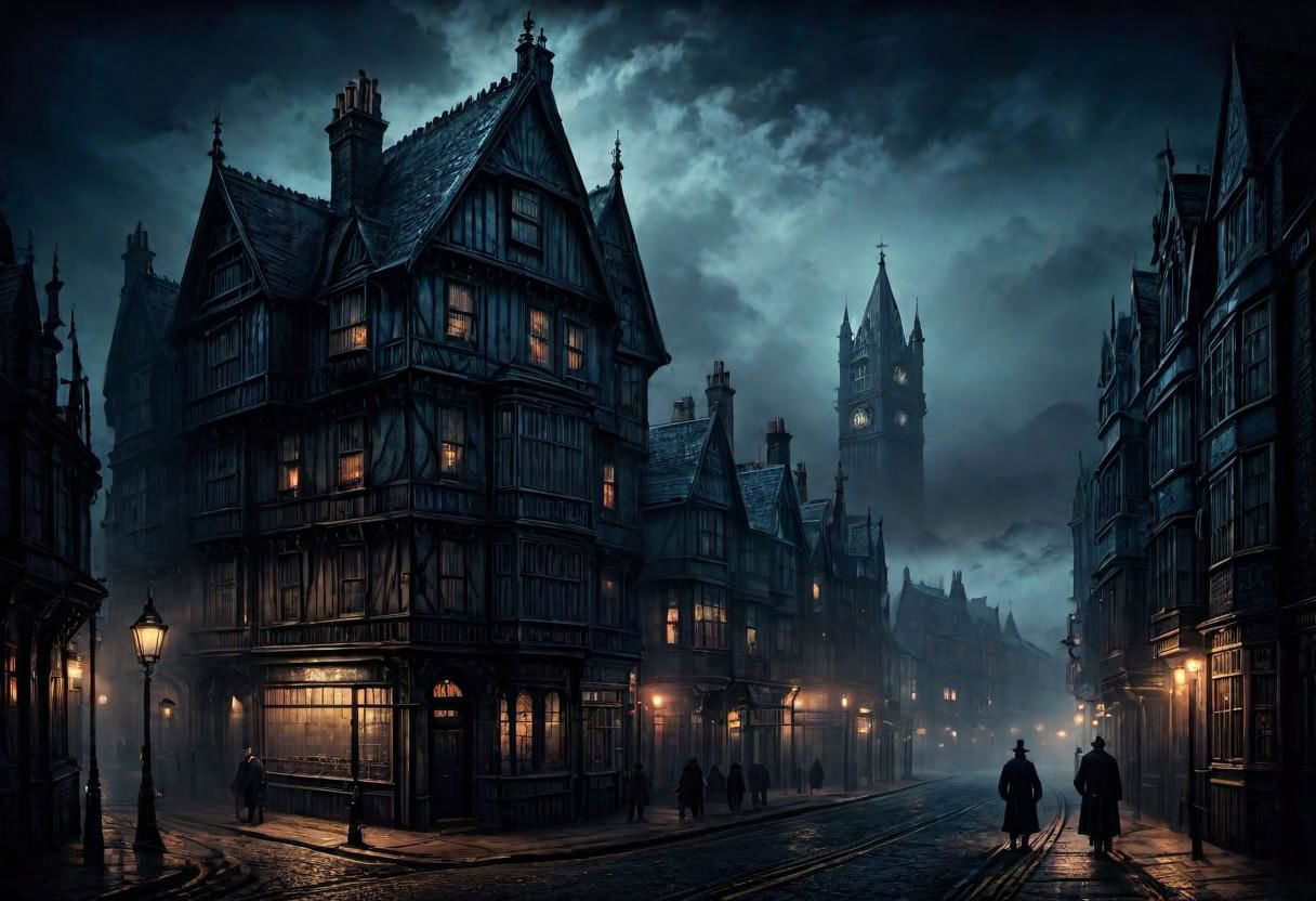 a landscape of a UK town, coast city,,
dark ambient, horror vibe, blueish fog, victorian epoch, 
Lovecraft theme,  
masterpiece, highly detailed,
EdobHorrorLandscape,
OverallDetail,