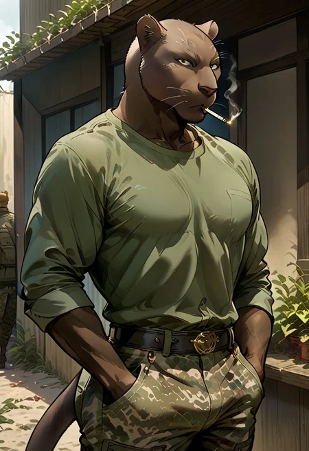 score_9_up, score_8_up, score_7_up, high quality, Masterpiece, best quality, high quality, detailed, male, solo male, 1boy, Coal Gadot, anthro, panther, mature male, animal ears, dark brown body, athletic build, black eyes, muscular male, outdoors, looking at viewer, standing, smoking a cigarette, light green shirt, military, army, camo pants, half body, wide hips, hands in pants pockets, thick thighs, big ass