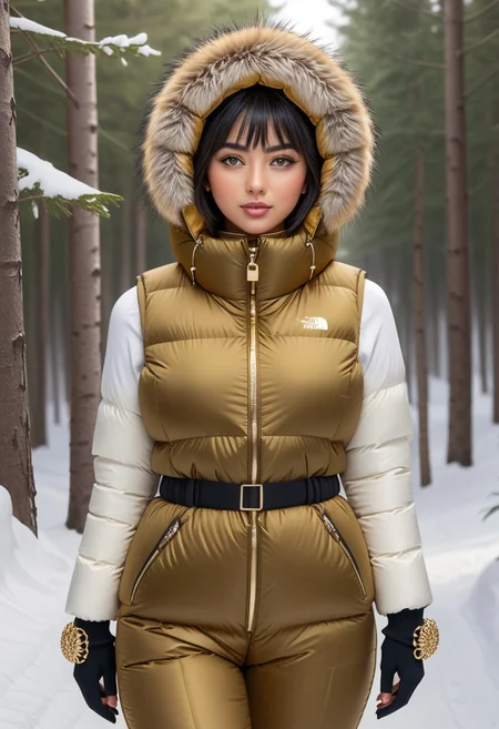 ((((puffer padded jacket)))), ((((puffer padded coat)))), ((((full body)))), ((((fur boots)))), ((((puffer pants)))), ((((puffer hood up)))), winter, snow, forest, 1girl, solo, (masterpiece), detailed face, detailed eyes, (beautiful detailed eyes:1.5), sidelighting, (super detail, hyper detail, intricate_details, detailed), (semi realistic:1.6), (Bob cut), blunt bangs,(black hair), (purple eyes, eyelashs), tanned skin, smug smile, angry face, Golden jewelery, golden rings, golden necklace, golden armlets, golden chains, padded collar, Thick padded collar, <lora:Collar-SDXL:0.6>, <lora:cropped_puffer_vest_v2:0.4>, <lora:snowpants_v1:0.4>