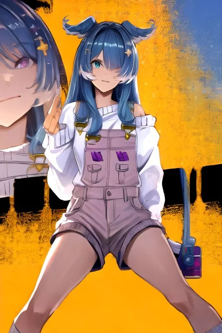 solo, 1girl, solo_focus, (((masterpiece))), ((best quality)), ((ultra-detailed)), high resolution, absurdres, highres, ultra-detailed 8k unity wallpaper,
elira1st, long sleeves, overalls, white sweater, off shoulder, grey gloves, one eye covered, overall shorts
