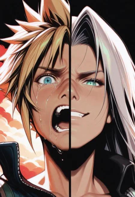 HDR, 8K, high contrast, masterpiece, best quality, amazing quality, very aesthetic, realistic, newest, volumetric lighting, (artist:incase:0.5), (artist:tsuaii:0.5), (flat colors:1.1), 1man, 1boy, SplitScreen, split screen, upper body, Cloud Strife(final fantasy 7), enraged, screaming, crying, action shot, looking at the viewer, (sword slash:0.8) <lora:ponyv4_noob1_2_adamW-000017:0.45> <lora:SplitScreen_illusXL_Incrs_v1:1>
HDR, 8K, high contrast, masterpiece, best quality, amazing quality, very aesthetic, realistic, newest, volumetric lighting, (artist:incase:0.5), (artist:tsuaii:0.5), (flat colors:1.1), 1man, 1boy, SplitScreen, split screen, upper body, Sephiroth(final fantasy 7), smirk, smiling, action shot, looking at the viewer, (sword slash:0.8) <lora:ponyv4_noob1_2_adamW-000017:0.45> <lora:SplitScreen_illusXL_Incrs_v1:1>
