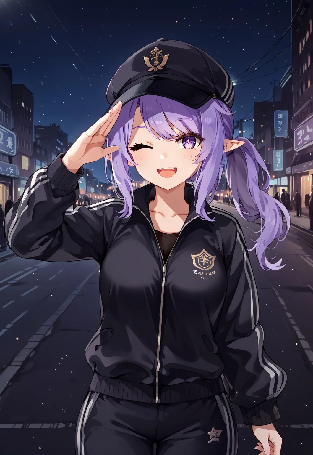 SleepyProject, track pants, track jacket, track suit, purple eyes, purple hair, ponytail, pointy ears, baseball cap, black jacket, black pants, ahoge, long sleeves, swept bangs,
looking at viewer, hand up, salute, open mouth, smile, one eye closed,
street, lamppost, city, neon lights, dark, night, night sky,
1girl, solo, solo focus, highres, absurdres, light particles, backlighting, shade, lens flare, shiny skin, fine fabric emphasis,