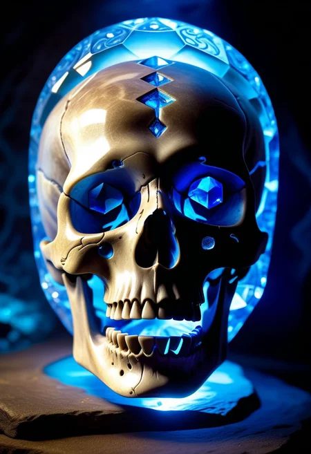 The mysterious Crystal Skull, an ancient artifact with a translucent, glowing blue crystal making up its entire structure. It sits in a dimly lit, underground temple adorned with intricate carvings of mythical creatures. A sense of otherworldly energy radiates from the artifact, and a faint, mystical aura surrounds it. The atmosphere is one of mystery and intrigue, with a touch of otherworldly wonder.