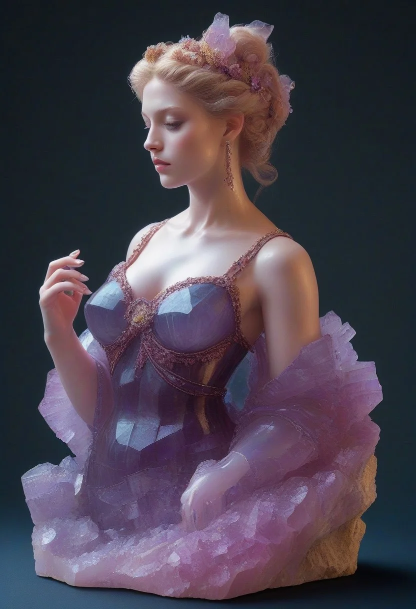 score_9, score_8_up, score_7_up, score_6_up, score_5_up, score_4_up, fluorite mineral, flu0rite, iridiscent, easynegative, mad-cbrpnksplshrt, hand, vibrant colors, portrait, easynegative, woman, dramatic lighting, dark background, source_anime, (Masterpiece:1.4), (best quality:1.2), (vivid colors), best lighting, vivid color, official wallpaper, digital art, selective brightness, Greek goddess, high cheekbones, tight hair, hair up, red lips, pale skin, serious expression, looking down and away from viewer, picture carved into polished fluorite mineral