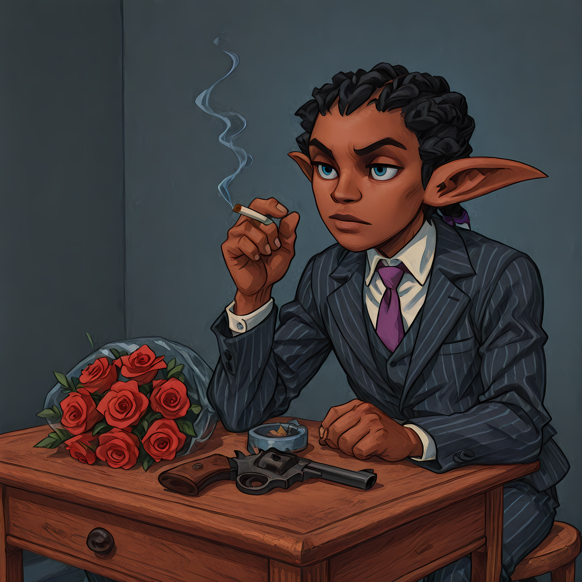 masterpiece, best quality, amazing quality, toon style, BREAK
mtmltyolb, sitting, table, roses, bouqet, handgun, revolver, holding cigarette, 5 fingers, BREAK
1boy, solo, male focus, khris_camel, dark skin, black hair, dreadlocks, blue eyes, pointed elf ears, necktie, pinstripe suit, BREAK 
  <lora:Music to Make Love to Your Old Lady By - ILXL:0.8> <lora:Khristofer Camel - ILXL:1.0>, <lora:Arwes_Dynamism_Style-000008:1> arwe, dynamism <lora:h4ruk4m1XLP:0.8> h4ruk4m1 <lora:H3wl3ttXLP:0.8> h3wl3tt