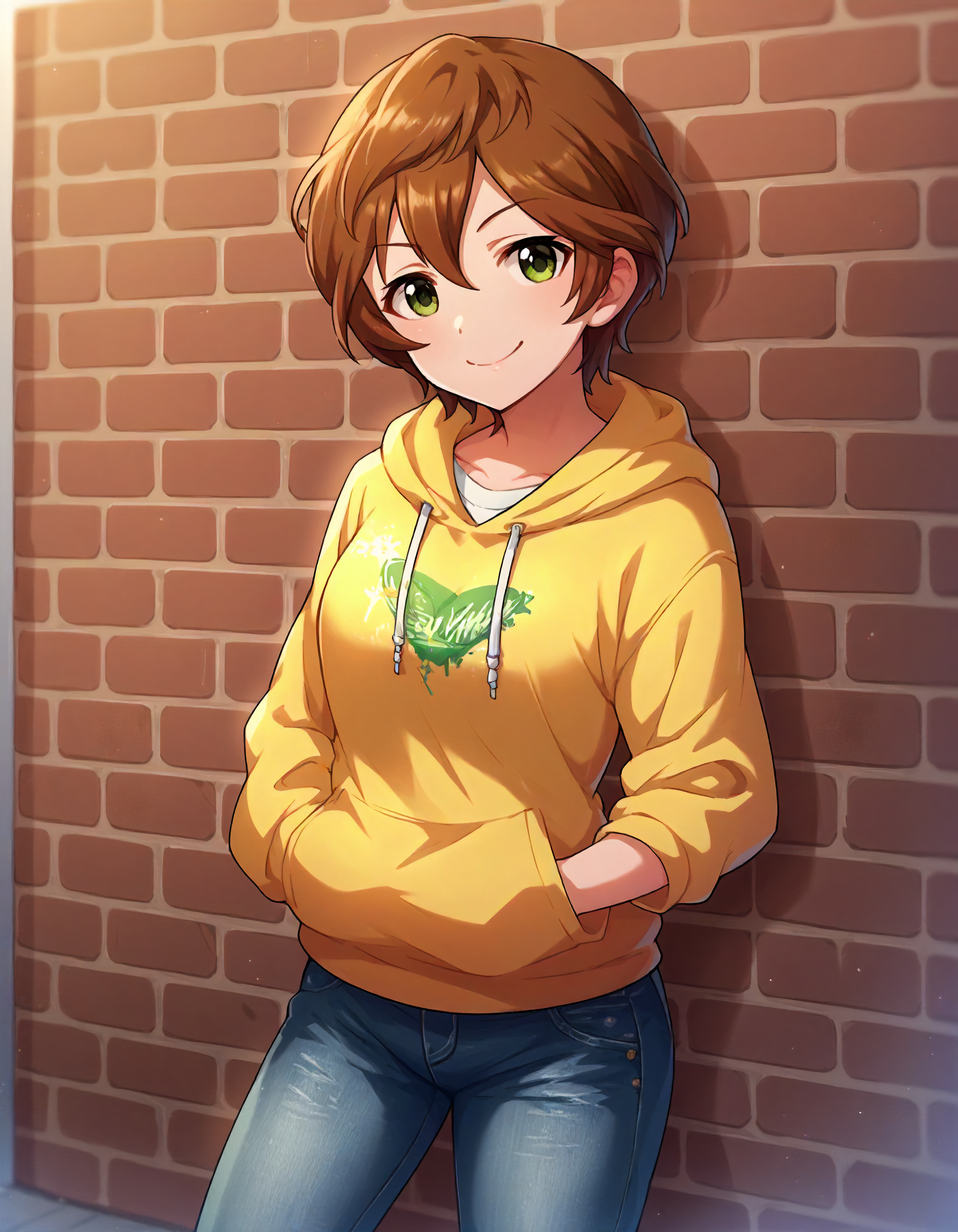 score_9,score_8_up,score_7_up,1girl,solo,cowboy shot,looking at viewer,smile,closed mouth,brick wall,
<lora:yoshiokasaki_ponyXLV6:0.8>,cgys,ysha,brown hair,short hair,wavy hair,green eyes,yellow hoodie,white shirt,jeans