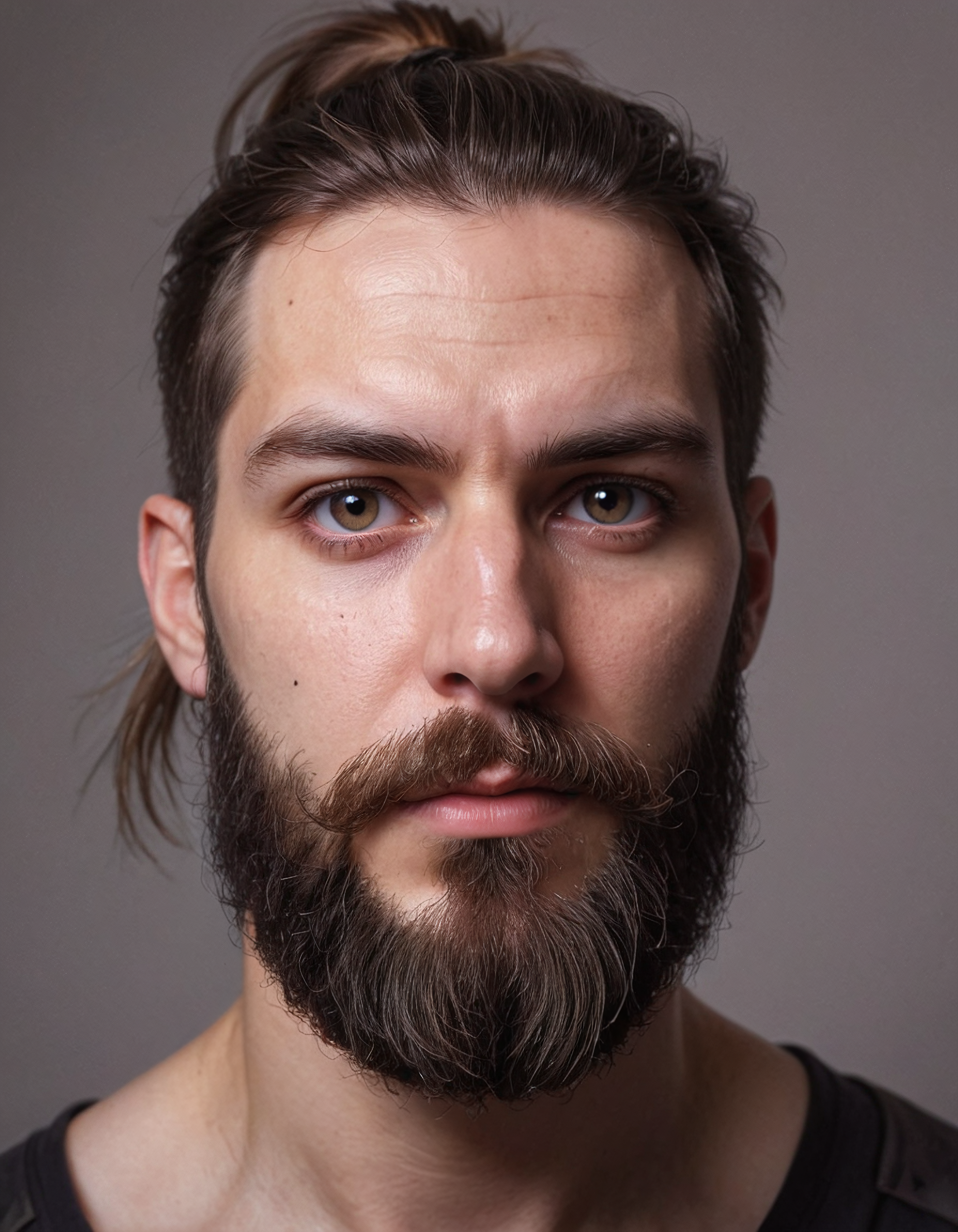 realistic face of a Twitch streamer, in front of plain wall, looking into camera, reflection of ring light in eyes, big beard, ponytail