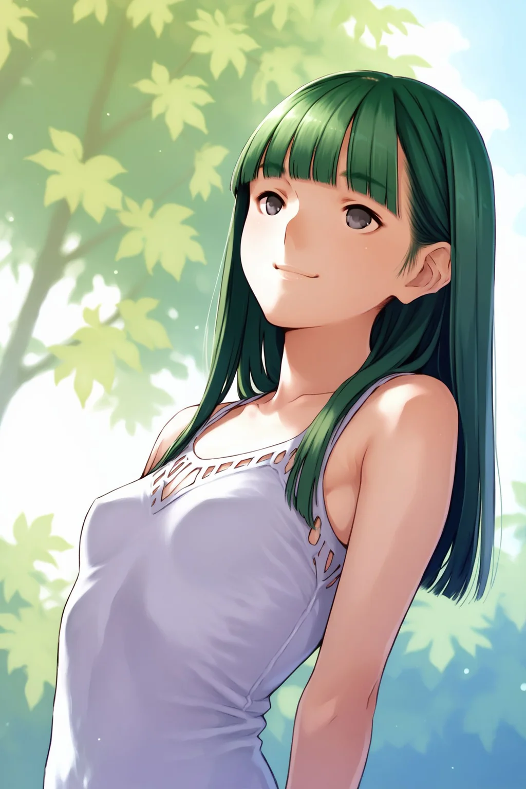 score_9, score_8_up, score_7_up, 1girl, closed eyes smile, green hair, blunt_bangs, silver eyes, small breasts, hand_behind_back, day <lora:mino_tarou_loveplus_PonyXL_style_v01:1>