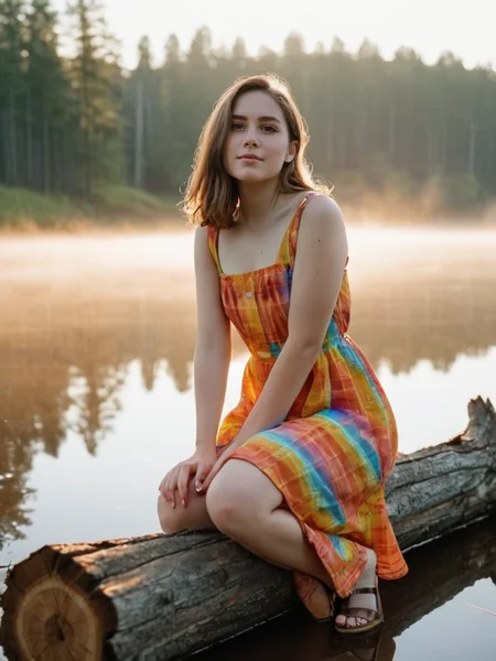 Analog photo of a woman looking like Annie_Crow_P_MXAI_SDXL , calm expression, wearing a colorful sundress, sitting on a log at a misty forest pond, golden hour, shot from the side, PA7_Portrait-FL