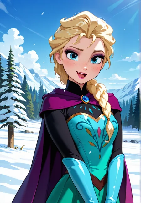 masterpiece, best quality, amazing quality, very aesthetic, absurdres,  newest, detailed background, cowboy shot, forest, snow, sky, clouds, wind, dynamic angle
elsadisney, solo, looking at viewer, short hair, blue eyes, blonde hair, gloves, upper body, single braid, purple cape, lips, makeup, lipstick, brooch, eyeshadow, freckles, blue gloves, elbow gloves, green skirt, hair over one shoulder, single braid, long hair, hair over shoulder, smile, open mouth, 1girl
 <lora:Elsa_-_Disney_Illustrious-000006:1>