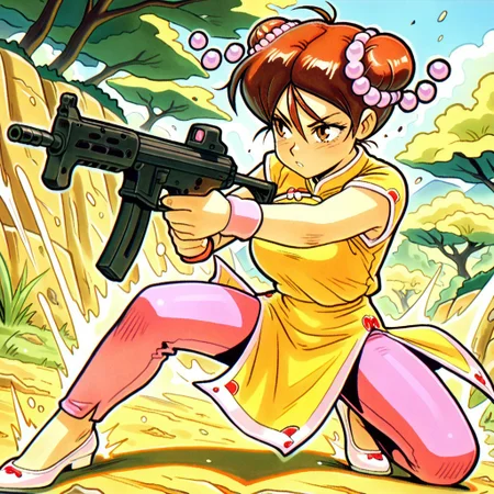 masterpiece, best quality, amazing quality, very aesthetic, absurdres, newest,larffl3,1girl, double bun, hair pearls, short brown hair, yellow china dress, single pink wristband brown eyes, pink pants, white pumps, close up, action pose, holding submachine gun, smg, submachine gun, gun fire