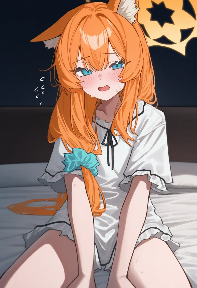 omo-anon,,omo-anon, 1girl, mari \(blue archive\), yellow halo, halo, animal ears, solo, orange hair, long hair, looking at viewer, sitting, open mouth, blush, animal ear fluff, blue eyes, fox ears, scrunchie, short sleeves, alternate costume, shirt, on bed, white shirt, bed, pajamas,masterpiece,best quality,newest,absurdres,highres,very awa