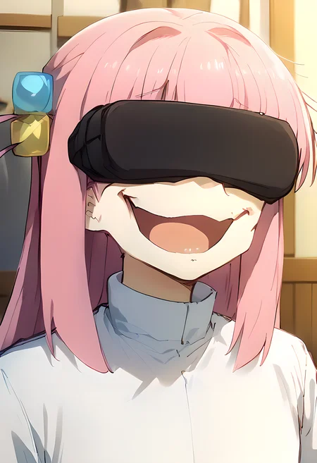 score_9, score_8_up, score_7_up, 1girl, 1girl, hitori gotou, cube hair ornament, hair ornament, pink hair, one side up, long hair, faceless, vr headset, head-mount display, indoors, open mouth, smirk, standing, lloyd frontera expression, laugh, silly face <lora:Concept_VR-headset:1> <lora:easynegative:1>   <lora:hitori-gotou-s1-ponyxl-lora-nochekaiser:1>  <lora:Lloyd_Frontera_Expression:1>