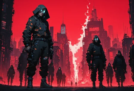 "Create a high-quality, extremely detailed digital artwork in a high-resolution, anime-inspired style. A rebellious figure, cloaked in a tattered, dark jumpsuit, stands at the edge of a dystopian cityscape under a dim, red-tinted sky. The city of Dema looms behind them, a labyrinth of towering structures, with ominous Bishops watching from the shadows. The figure’s expression is a mix of defiance and determination as they gaze eastward, toward a distant, flickering light symbolizing hope and freedom. In the background, flames rise, representing the chaos and the figure's inner turmoil. The jumpsuit they wear appears both heavy and weightless, as if it’s the only thing anchoring them to reality. Despite the darkness, there's a sense of unity and resistance in the air, with other Banditos subtly emerging from the shadows, ready to rise against Dema. The overall atmosphere is one of tension and surrealism, capturing the essence of a fractured mind fighting for liberation.