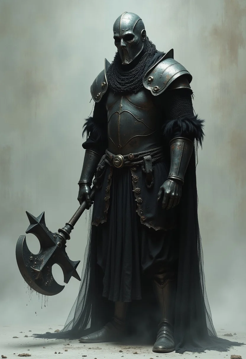 A dark and eerie fantasy concept art featuring three distinct and ominous characters against a plain gray background, evoking a sense of dread and foreboding. The first character, located on the left side, is a heavily armored knight exuding a menacing aura. This knight is clad in a full suit of aged, dark steel plate armor that covers their entire body. Their helmet is rounded and completely conceals their face, adding an air of mystery and intimidation. The knight's shoulders are draped with a ragged, weathered chainmail mantle, and their upper body is covered with a torn, tattered cloak, giving the appearance of someone who has endured countless battles. In their hands, they hold a massive, intricately crafted spiked mace, which suggests sheer power and brutality. The knight's stance is upright and imposing, conveying a sense of unyielding strength and readiness for combat.