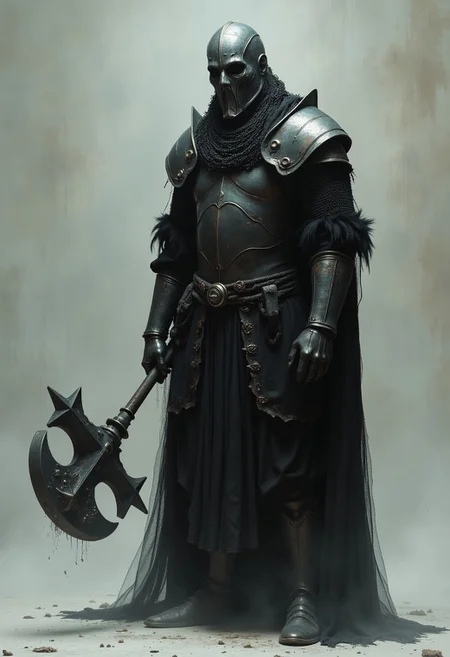 A dark and eerie fantasy concept art featuring three distinct and ominous characters against a plain gray background, evoking a sense of dread and foreboding. The first character, located on the left side, is a heavily armored knight exuding a menacing aura. This knight is clad in a full suit of aged, dark steel plate armor that covers their entire body. Their helmet is rounded and completely conceals their face, adding an air of mystery and intimidation. The knight's shoulders are draped with a ragged, weathered chainmail mantle, and their upper body is covered with a torn, tattered cloak, giving the appearance of someone who has endured countless battles. In their hands, they hold a massive, intricately crafted spiked mace, which suggests sheer power and brutality. The knight's stance is upright and imposing, conveying a sense of unyielding strength and readiness for combat.