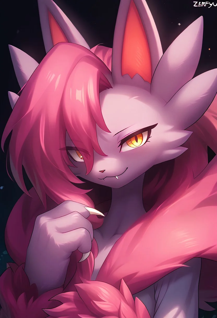 masterpiece, score_9, score_8_up, score_7_up, score_6_up, (by zinfyu), detailed, vibrant, soft lighting, magical realism, hyper-detailed, source_furry, nyafia_palworld, palworld, bang, anthro, furry, pink body, pink hair, fangs, face shot, detailed eyes, anthro, calm and composed expression, soft glowing light, vibrant colors, looking at viewer