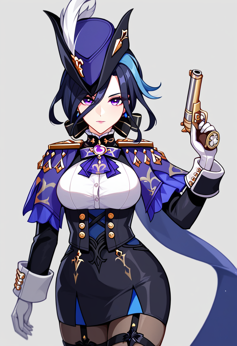score_9,score_8_up,score_7_up,<lora:genshin_v4:0.8>,1girl, solo, black_hair, gun, highres, black_corset, black_hat, black_pantyhose, black_ribbon, black_skirt, buttons, clorinde_\(genshin_impact\), closed_mouth, english_commentary, epaulettes, grey_background, hair_ribbon, high-waist_skirt, looking_at_viewer, pencil_skirt, pink_lips, purple_eyes, signature, simple_background, tricorne, white_gloves, white_shirt