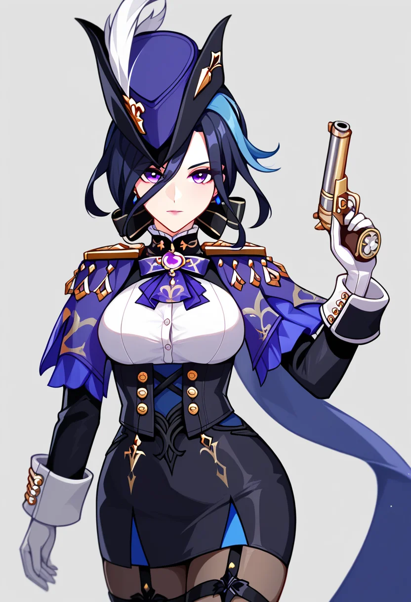 score_9,score_8_up,score_7_up,<lora:genshin_v4:0.8>,1girl, solo, black_hair, gun, highres, black_corset, black_hat, black_pantyhose, black_ribbon, black_skirt, buttons, clorinde_\(genshin_impact\), closed_mouth, english_commentary, epaulettes, grey_background, hair_ribbon, high-waist_skirt, looking_at_viewer, pencil_skirt, pink_lips, purple_eyes, signature, simple_background, tricorne, white_gloves, white_shirt