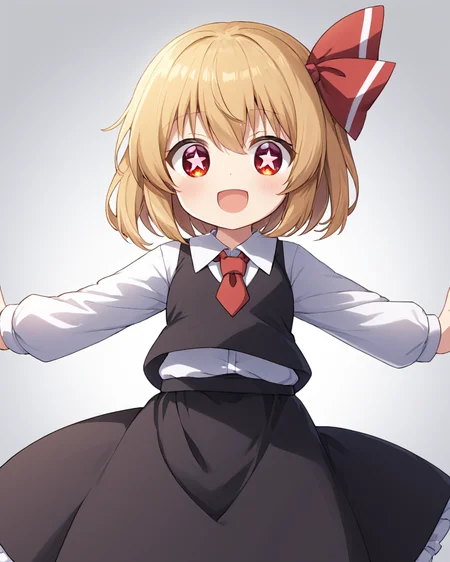 rumia,1girl, solo, open_mouth, hair_ribbon, white_background, long_sleeves, simple_background, red_necktie, red_ribbon, spread_arms, white_shirt, black_skirt, black_vest, :d, shadow
<lora:rumia_image9795_2023-12-11-000007:1>,star-shaped_pupils,symbol-shaped_pupils,. gorgeous,key visual, vibrant, studio anime,award-winning, professional, highly detailed,high budget, cinemascope