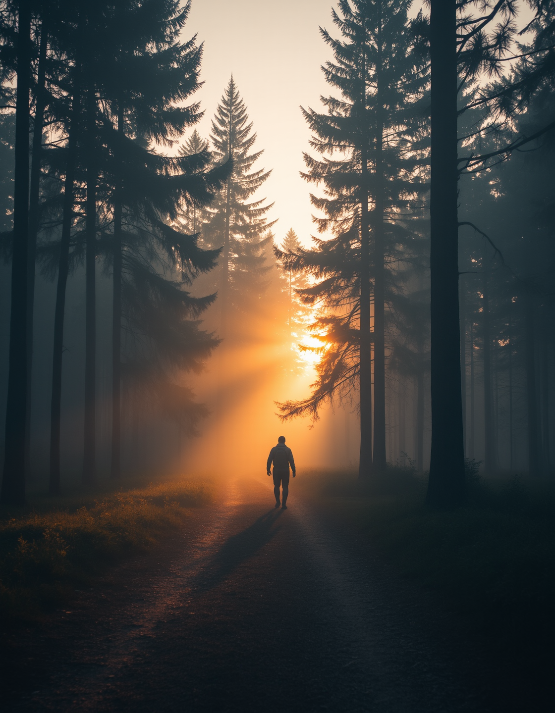 Imagine an image of a lone traveler walking through a foggy forest at dawn, their silhouette barely visible in the mist.