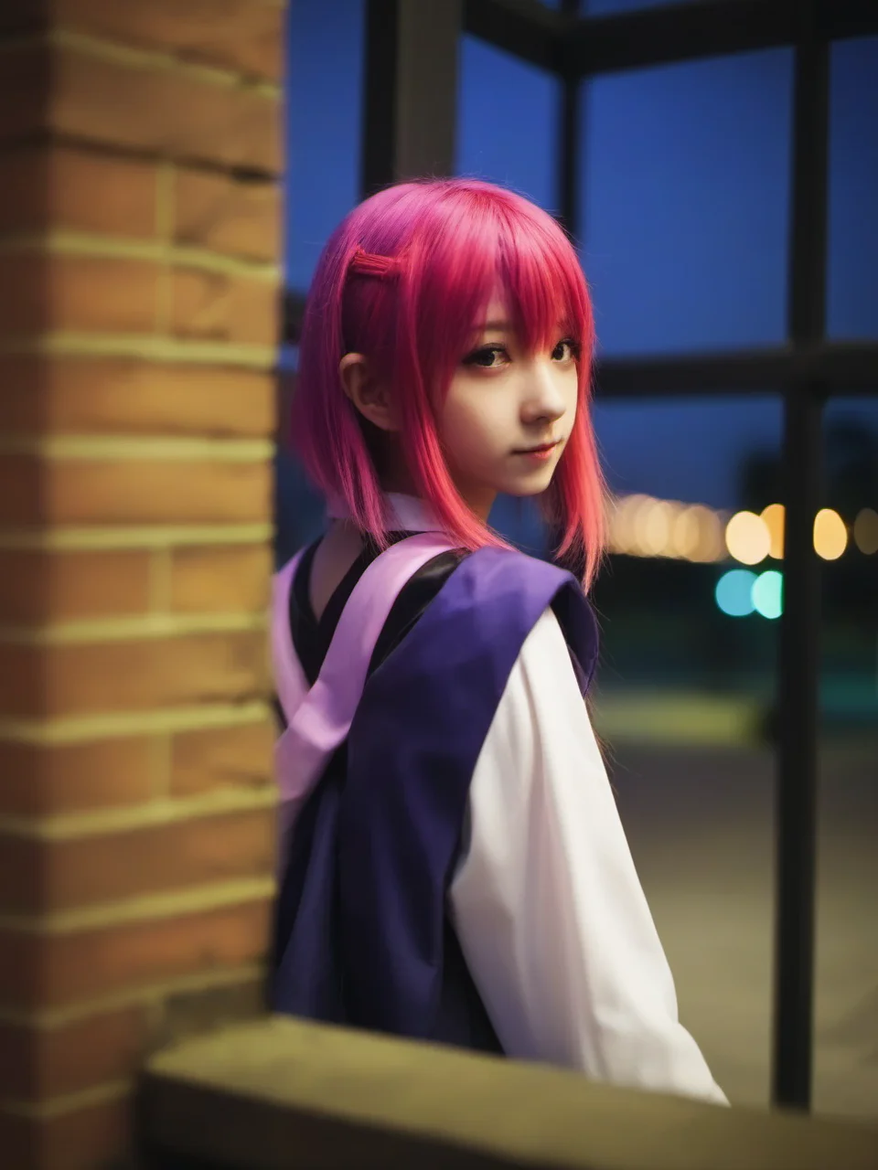 night, light, depth_of_field, 1girl, building, close up, cosplay photo, solo, muticolour_hair, looking_at_viewer <lora:sysuv9:0.7>