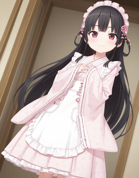 masterpiece, best quality, (anime coloring:0.8), (anime screencap:0.5), <lora:Hachiroku_Maitetsu_for_Illustrious:0.8> hachiroku, <lora:Japanese_Maid_Style_Apron_Dress_Long_Length:1.0> short dress, Japanese_Maid_Style_Apron_Dress_Long_Length, long sleeves, wide sleeves, pink dress, long dress, floral print, white apron, maid apron, frilled apron, frills, maid, wa maid, japanese clothes, hair ornament, pink headdress, sleeves past wrists, standing, hands on chest, duth angle, smile