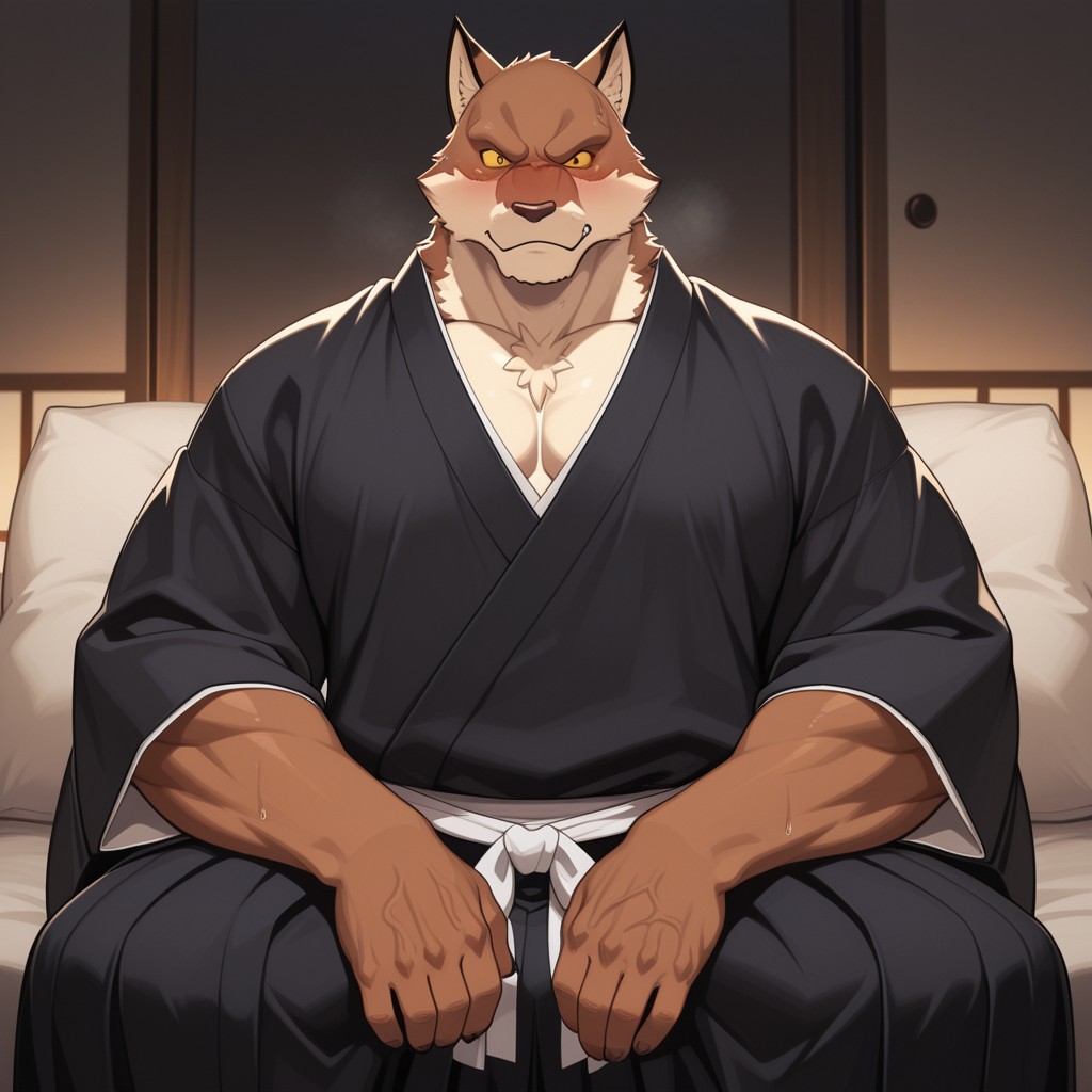 masterpiece, best quality, amazing quality, 1boy, solo, Sajin Komamura, bara, yellow sclera, Kimono, sitting 