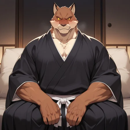 masterpiece, best quality, amazing quality, 1boy, solo, Sajin Komamura, bara, yellow sclera, Kimono, sitting
