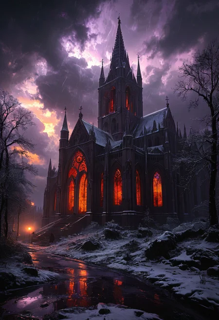 highly detailed, high quality, digital illustration, intricate details, light reflection, trending on artstation, volumetric lighting, extremely clear 8k wallpaper.
A gothic cathedral covered in ice and snow. Forest. Thunderstorm, lightnings, At sunset, purple and orange hues on the landscape, reflections on rose_windows, Icy, Cold touch, ominous atmosphere, Ground view. Sense of foreboding, (reflective volumetric), raytracing, absurdres.
scenery, gloomy, dark atmosphere, midjourneyv6.1,