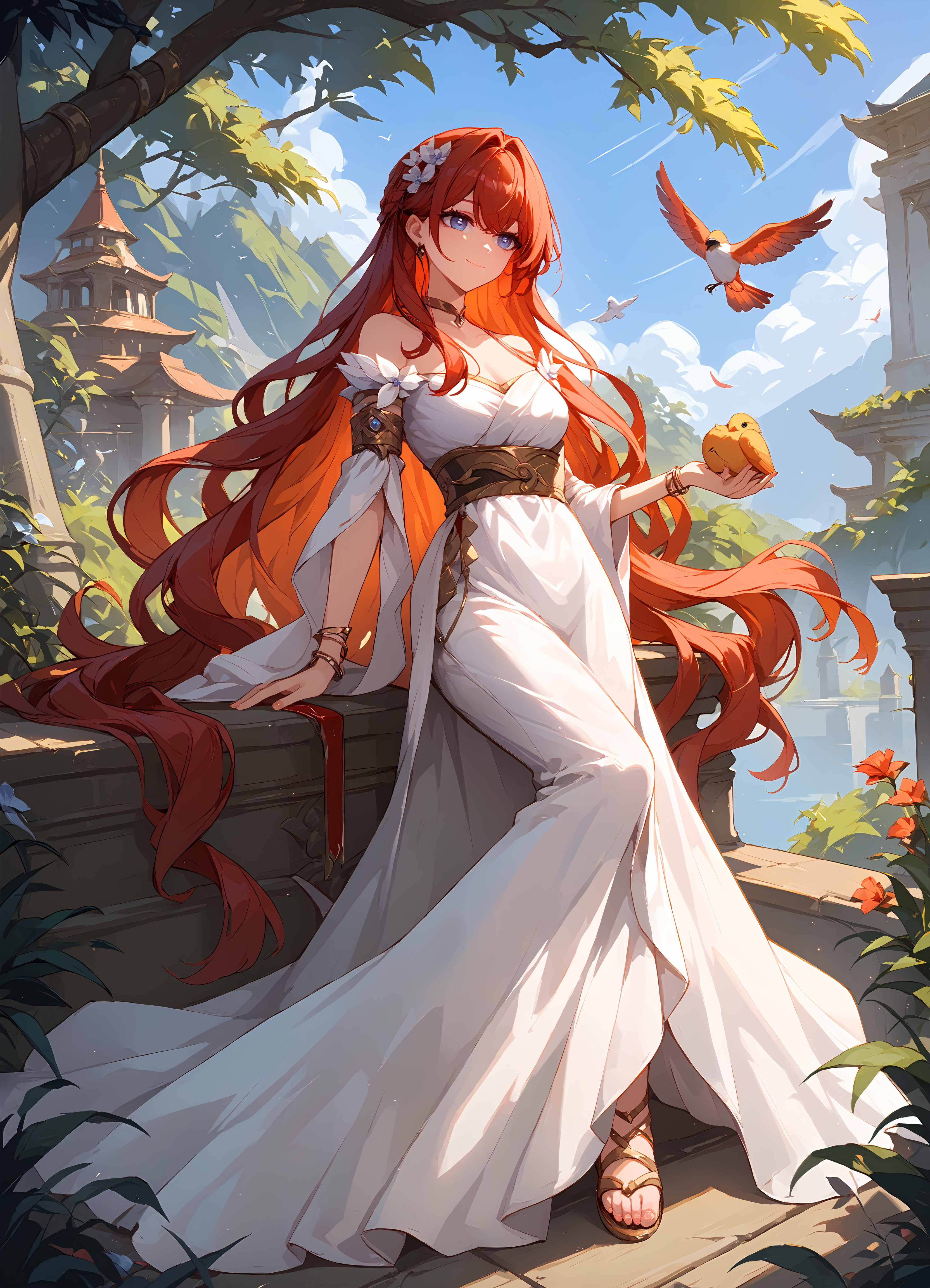 (score_9, score_8_up, score_7_up), 1girl, tribios, golden choker, off shoulder, bracelet, long dress, outdoors, bird, feathers, smile, closed mouth, <lora:tribbie-hsrPO-v1:0.9>