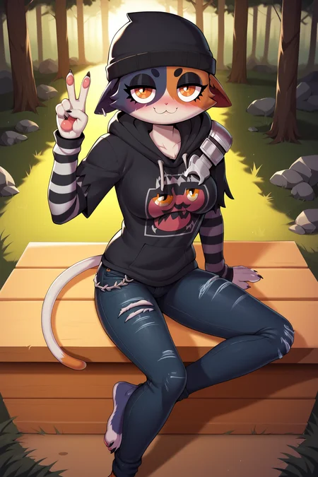 score_9, score_8_up, score_7_up, score_6_up, BREAK, MeowSkullsFPXL, nthro furry, furry female, body fur, blue-orange-white fur, multicolored fur, orange eyes, animal ears, cat ears, fish hook piercing, black beanie, medium breasts, cat tail, black hoodie, printed hoodie, striped sleeves, jeans, torn jeans, barefoot, solo, sitting, above view, peace sign, seductive smile, looking at viewer, naughty face, nose blush, forest, tree <lora:MeowSkullsFPXL:1>
