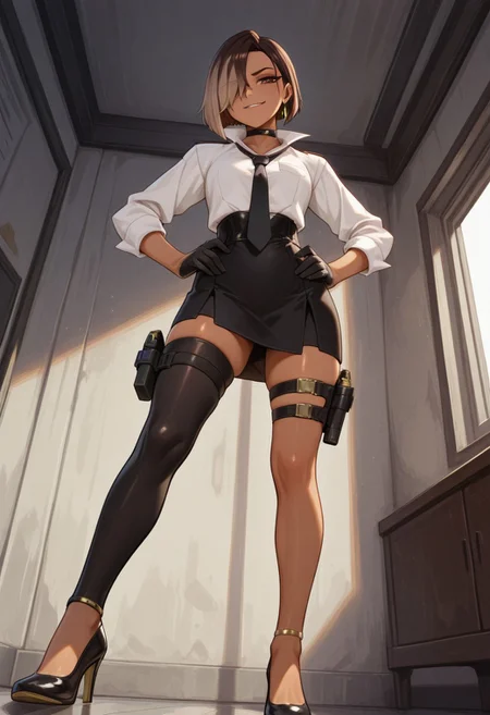 absurdres, masterpiece, best quality, very aesthetic, HDR, 8K, ultra-detailed, anime, 748cmstyle, standing, strongbox, from below, hands on hips,
1girl, solo, Antonia_Fortnite, dark-skinned female, short hair, brown hair, multicolored hair, two-tone hair, asymmetrical hair, hair over one eye, brown eyes, jewelry, earrings, makeup, black necktie, black gloves, black skirt, high heels, black choker, white shirt, thigh strap, thigh holster, thighhighs, holstered weapon, black footwear, skindentation, shiny skin, (skinny), dominant female, evil smirk,