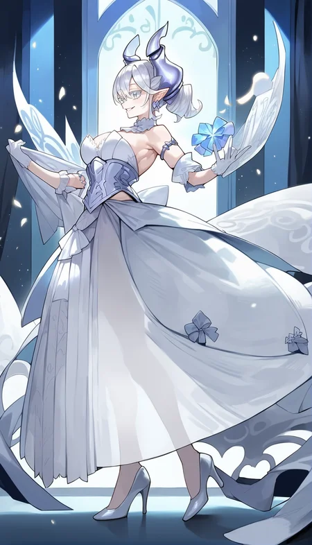 score_9,score_8_up,score_7_up,
<lora:labrynth:0.8>,
lovely labrynth,1girl,solo,
white hair,bangs,twintails,pointy ears,white eyes,white eyelashes,smile,parted lips,horns,white collar,corset dress,waist armor,white gloves,armlet,detached sleeves,wings,see through underskirt,white high heels,full body,from side,
indoors,fantasy castle background,curtains,sky,dreamy and magical atmosphere,particle lights,