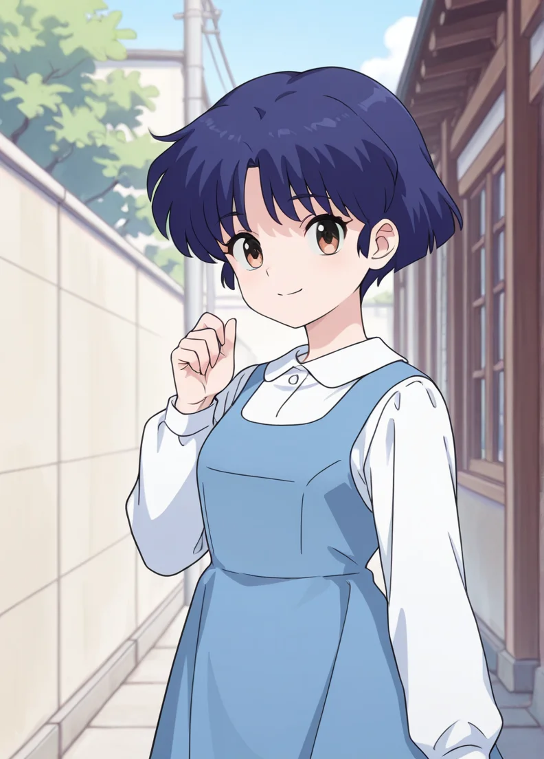 masterpiece, best quality, amazing quality, very aesthetic, absurdres, newest, detailed background, 4k, 8k, outdoors,
akanexd, 1girl, solo, dress, short hair, smile, blue dress, long sleeves, shirt, looking at viewer, blue hair, white shirt, school uniform, brown eyes, hand up, pinafore dress, collared shirt, bangs, brown eyes,
<lora:Akane_Tendo_-_Ranma_12_Remake_Illustrious:1>