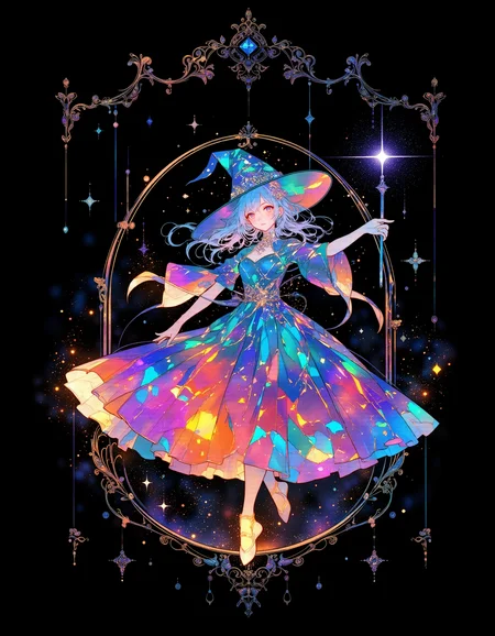 lyh_niji,  vibrant reflective holographic drawing in the style of ckhg, Alphonse Mucha Style, Art Nouveau Poster art  of  silhouette of a witch wear witch's hat holds a magic wand and walks on tiptoe like a rhythmic gymnast
delicate features
cracked light , smokey haze in floating
Illustrations with clear lines in a well-designed posters design, black background
<lora:ck-holographic-glitter-000015:0.5><lora:Alphonse Mucha Style:0.6>