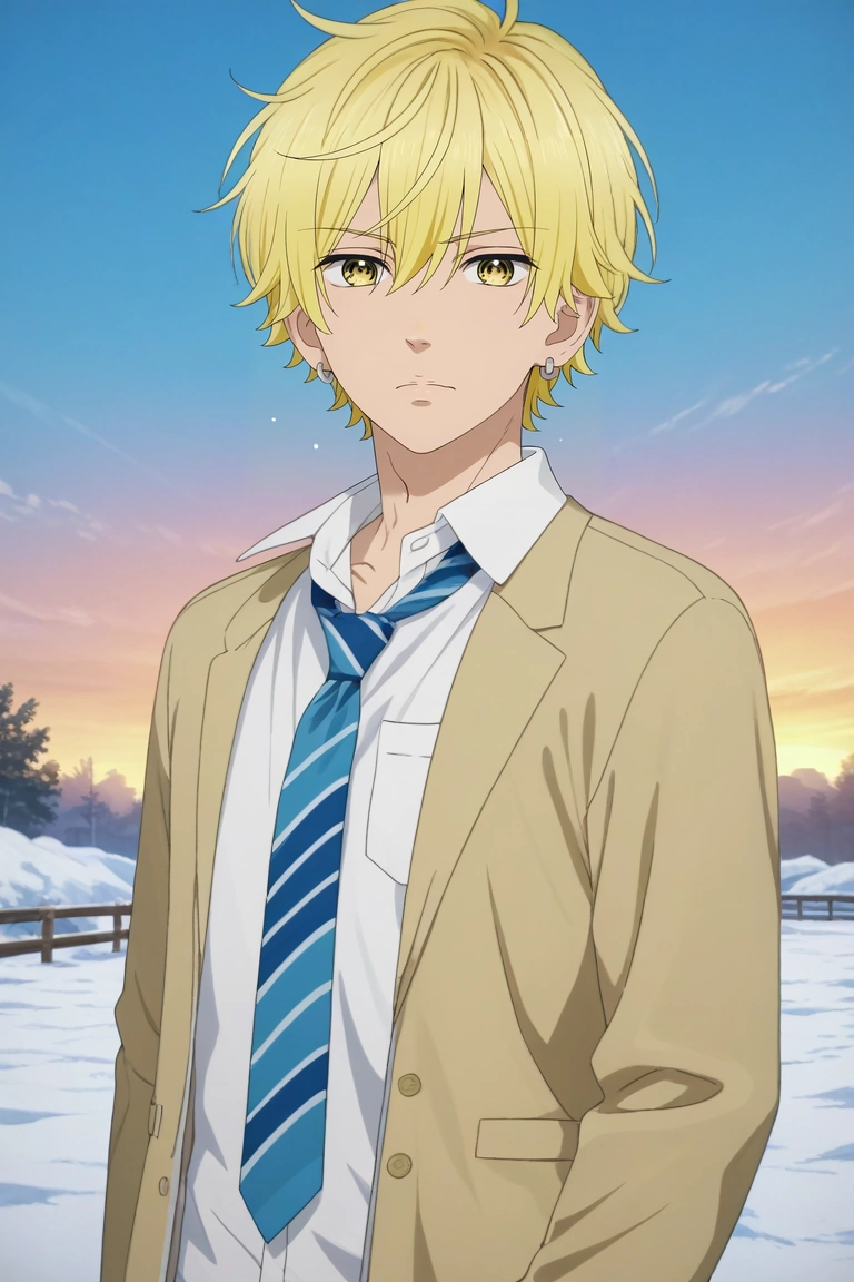 score_9, score_8_up, score_7_up, , rating_safe, , (photorealistic:0.6), looking at viewer, 1boy, solo, male focus, <lora:kai_miura_pony:0.96>, kai_miura, blonde hair, yellow eyes, short hair, bangs, hair between eyes, earrings, white shirt, school uniform, necktie, , wide angle, wide shot, cowboy shot, snowy field, dusk, w arms, wavy mouth, closed mouth, , <lora:sdxl_lightning_8step_lora:1>
