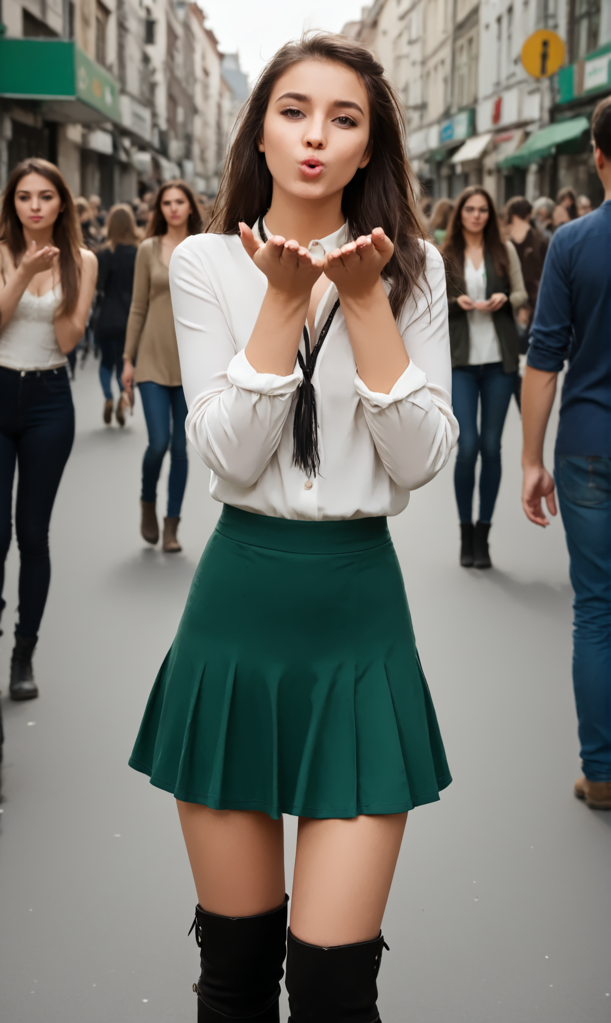 blaiki, wiboha, (slim 25 years old girl) in green skirt and white blouse  is blowing an air kiss with both hands, standing in a crowded street. black (thigh high boots), necklace,  long brunette hair  
  <lora:AirKiss:1>