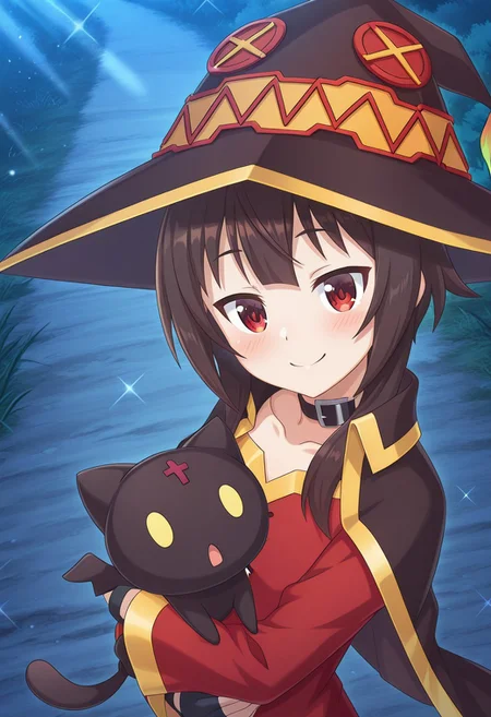 masterpiece, best quality, amazing quality, particles of light, front shot cinematic angle, various angles, detailed background, beautiful background, (rays light:1.0), (highly detailed), masterpiece, best quality, amazing quality, BREAK Megumin-Liver020, red eyes, short hair, brown hair, short hair with long locks, collarbone, petite, cape, witch hat, red dress, fingerless gloves, black gloves, outdoors, night, forest, smile, looking at viewer, from side, from above, standing, hugging chomusuke, head tilt, upper body, holding chomusuke,
masterpiece, best quality, amazing quality, ambient occlusion, Chomosuke-Liver020, KonosubaFantasticDays-Liver020