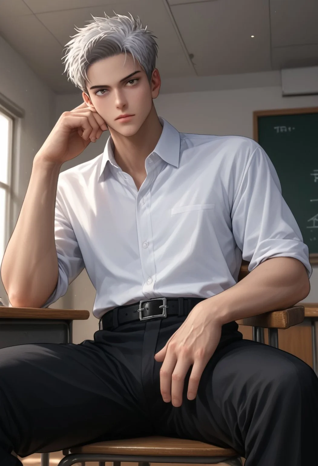 ((pastel colors)) ((hands on the table, head resting on the table, rating explicit, quivering, close mouth, school uniform, in school, bulge, fully clothed, sitting on chair, classroom,, white collared shirt short sleeves, long black pants, belt, seductive, neutral expression, handsome, charismatic, charming, posing, beautiful)) score_9, score_8_up, score_7_up, anime, 19 year old , ((1boy, solo)), male focus, male focus, toned male, 1boy, asahikawa_(KNG), solo, male focus, toned male, slim male, white hair, short hair, slim face, brown eyes, tall, manly, full color, broad shoulders, masculine jawline, slender, athletic, solo)), from bottom, bottom view, from bottom view,
Macro detailed realism style photograph, soft lighting, Expressiveh, 1man,  soft bright lighting, masculine, intimidating, confident, 
more object, detailed background, decorations,
slim fit, manly, tall, detailed eyebrow, sharp eyebrows, focus on thigh, ((hairy thigh)), rating xxx, mature, porn, hentai, (masterpiece, best quality, best result),