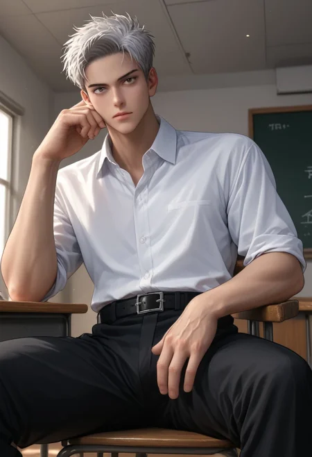 ((pastel colors)) ((hands on the table, head resting on the table, rating explicit, quivering, close mouth, school uniform, in school, bulge, fully clothed, sitting on chair, classroom,, white collared shirt short sleeves, long black pants, belt, seductive, neutral expression, handsome, charismatic, charming, posing, beautiful)) score_9, score_8_up, score_7_up, anime, 19 year old , ((1boy, solo)), male focus, male focus, toned male, 1boy, asahikawa_(KNG), solo, male focus, toned male, slim male, white hair, short hair, slim face, brown eyes, tall, manly, full color, broad shoulders, masculine jawline, slender, athletic, solo)), from bottom, bottom view, from bottom view,
Macro detailed realism style photograph, soft lighting, Expressiveh, 1man,  soft bright lighting, masculine, intimidating, confident, 
more object, detailed background, decorations,
slim fit, manly, tall, detailed eyebrow, sharp eyebrows, focus on thigh, ((hairy thigh)), rating xxx, mature, porn, hentai, (masterpiece, best quality, best result),