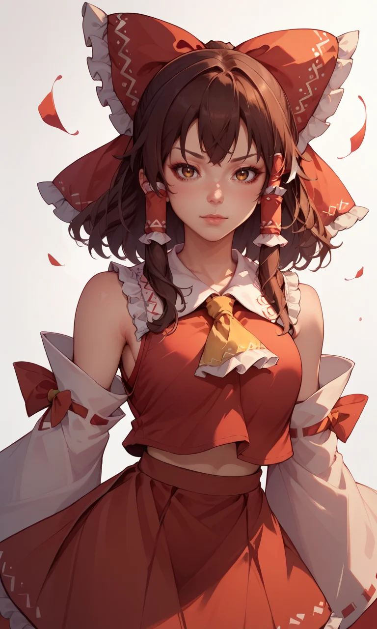 score_9, score_8_up, score_8, score_9, 1 girl,  source_anime, 1 girl,  hakurei reimu, brown hair, brown eyes, hair tubes, ascot, detached sleeves, ribbon trim, red skirt, red shirt, red hair bow, <lora:reimu_hakurei_pony-10:0.8>,  <lora:mfcgXL:0.8>