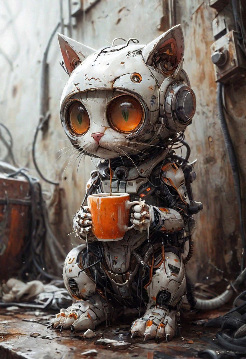 (Robot) (Utopa city)
photo-realistic,
higly-detailed,
cat wearing a futuristic space suit,
serious expresssion
a orange and white kitty sipping a mug of hot coffee holding it with it's two front paws,
lapping up the coffee as if it were drinking water,
light green eyes,