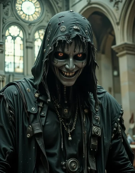 Dark Fantasy, hooded warlock, ancient cathedral ruins â A figure stands shrouded in a tattered, deep-black hood, the heavy fabric draping over its angular shoulders like the remains of a forgotten executionerâs robe. The cloth is adorned with faded arcane symbols, barely visible beneath layers of dust and decay. Its face is eerily smooth, a polished mask of aged silver, reflecting the cold moonlight filtering through shattered stained-glass windows. The mouth, however, is disturbingly human, lined with eerily perfect teeth, ral-rbotth, frozen in a lifeless, unsettling grin. From the edges of the hood, strands of brittle, mummified hair hang lifelessly, swaying slightly as a cold wind moves through the ruins.
<lora:ral-rbotth-flux:0.8> <lora:dark-fantasy-flux:1>
