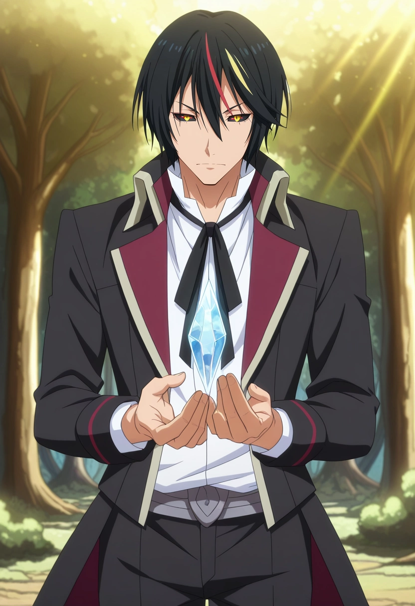 masterpiece, best quality, , anime screencap, anime coloring, official style, looking at viewer, 1boy, solo, male focus, <lora:diablo_tensura_ilxl:0.96>, diablo_tensura, black hair, yellow eyes, multicolored hair, streaked hair, red hair, hair between eyes, colored sclera, black sclera, black jacket, black ribbon, white shirt, black pants, crystal forest, geometric trees, prism effects, light beams, touching crystal, wonder expression, rainbow lighting,