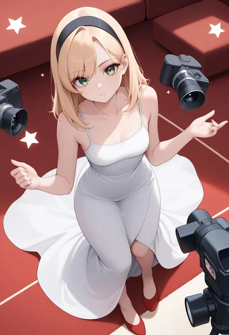 score_9, CassiaChan, long dress, movie star, red carpet, posing, camera flashes